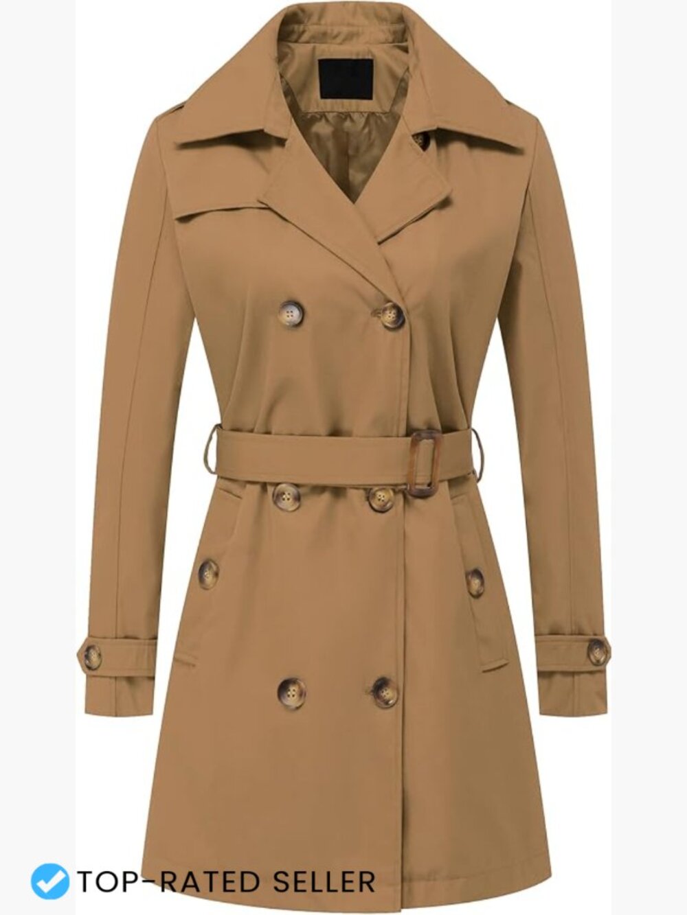 Double Breasted Trench Coat Mid-Length Belted Overcoat Detachable Hood Classic
